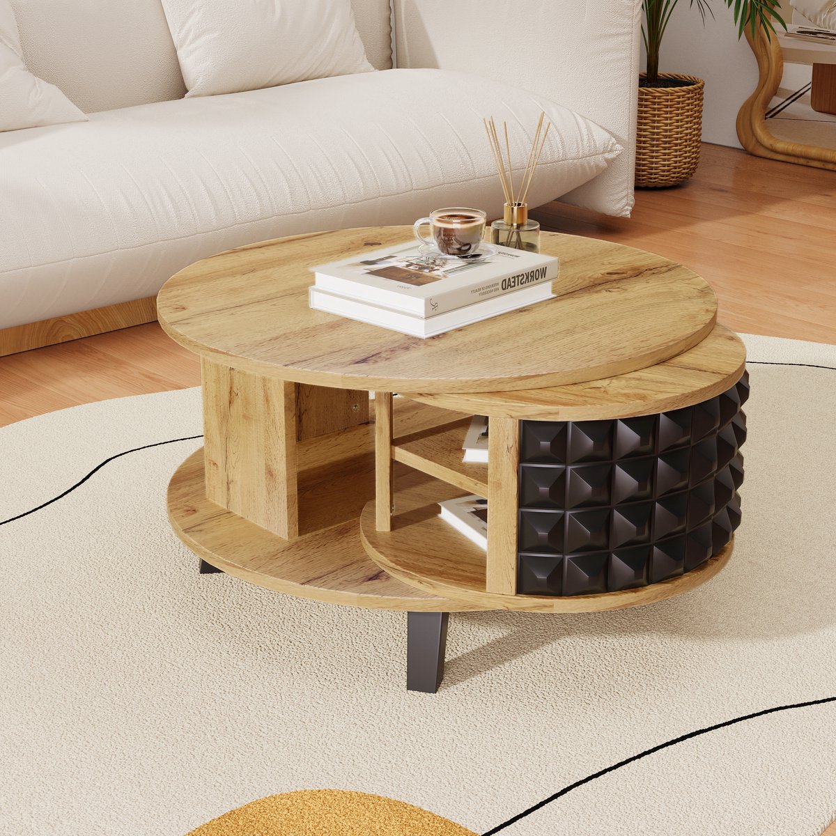 Clruro Salontafel - Draaibaar - Met Verborgen Interne Opbergruimte - Modern Design - MDF - Wit Naturel