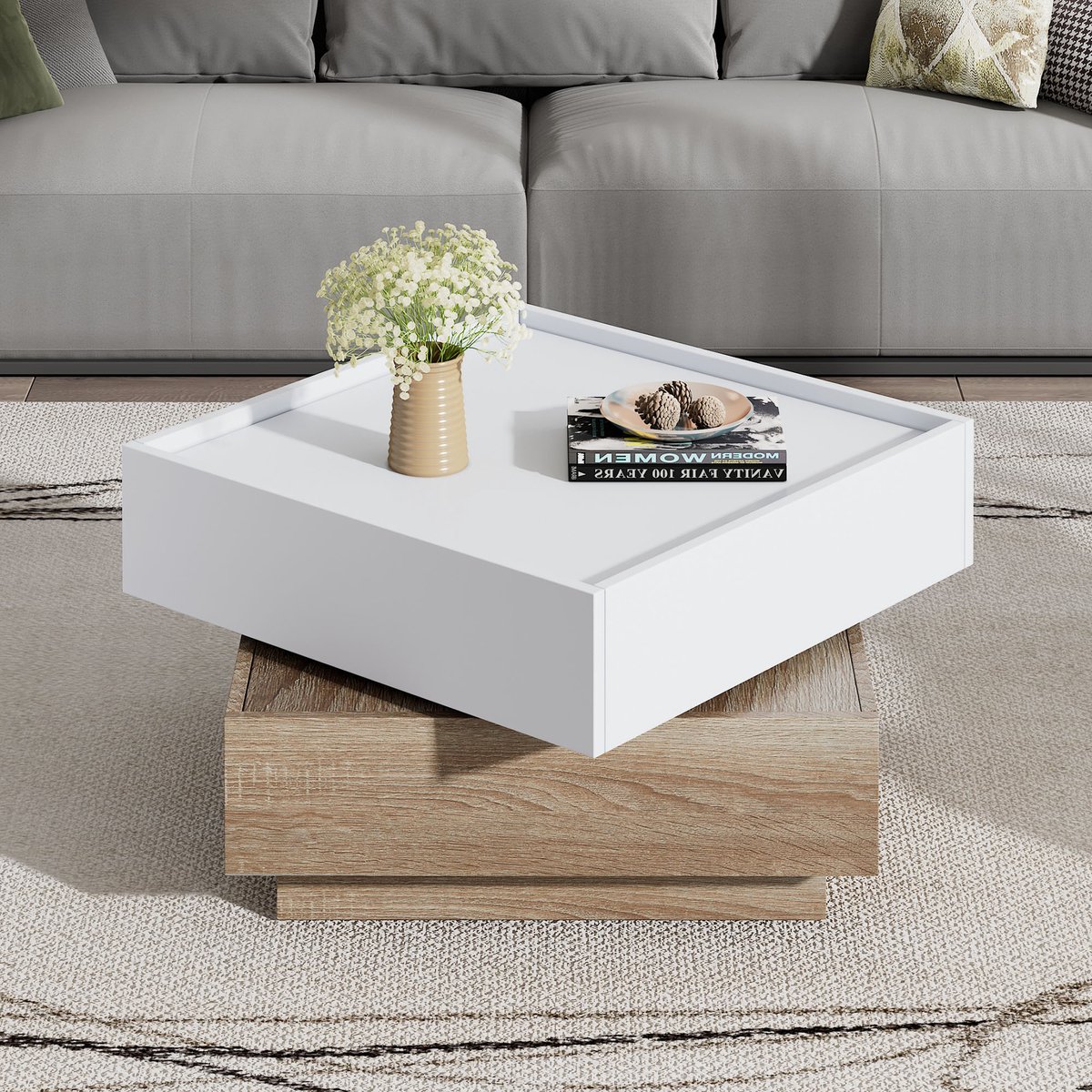 Clruro Salontafel - 60x60x38 cm - 360° Draaibaar Tafelblad Met Opbergkast - Walnoot Frame - Wit