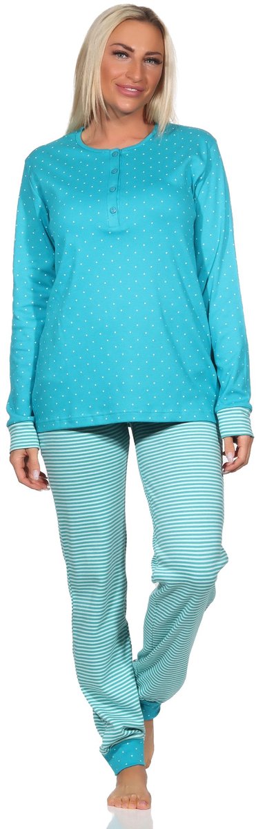Normann interlock-damespyjama, knusse pyjama met manchetten en knoopsluiting - op mint
