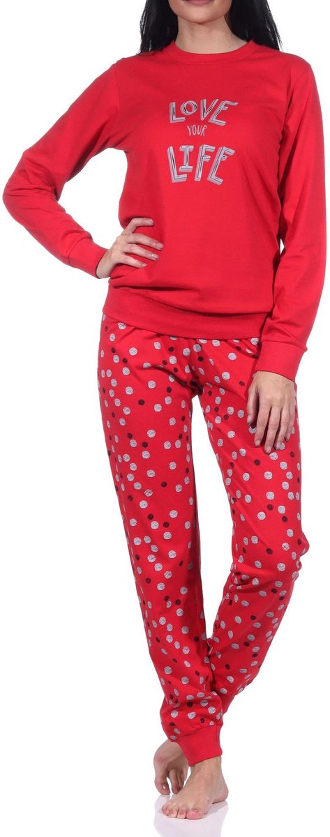 Normann dames pyjama met lange mouwen en manchetten in hartjes-polkadot-look rot