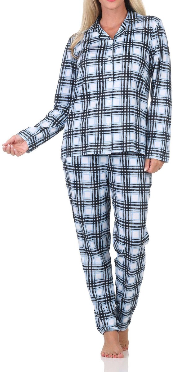 Normann dames jersey pyjama lange mouw knoopsluiting in ruitlook - ook in grote maten hellblau