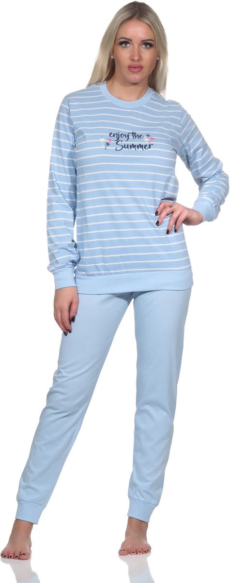 Normann Damespyjama met lange mouwen, gestreepte pyjama met manchetten "Enjoy The Summer" hellblau