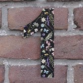 Huisnummer Arial 1 zwart met bloemen - Maat: Groot (20 cm) - zelfklevend - Huisnummerbord