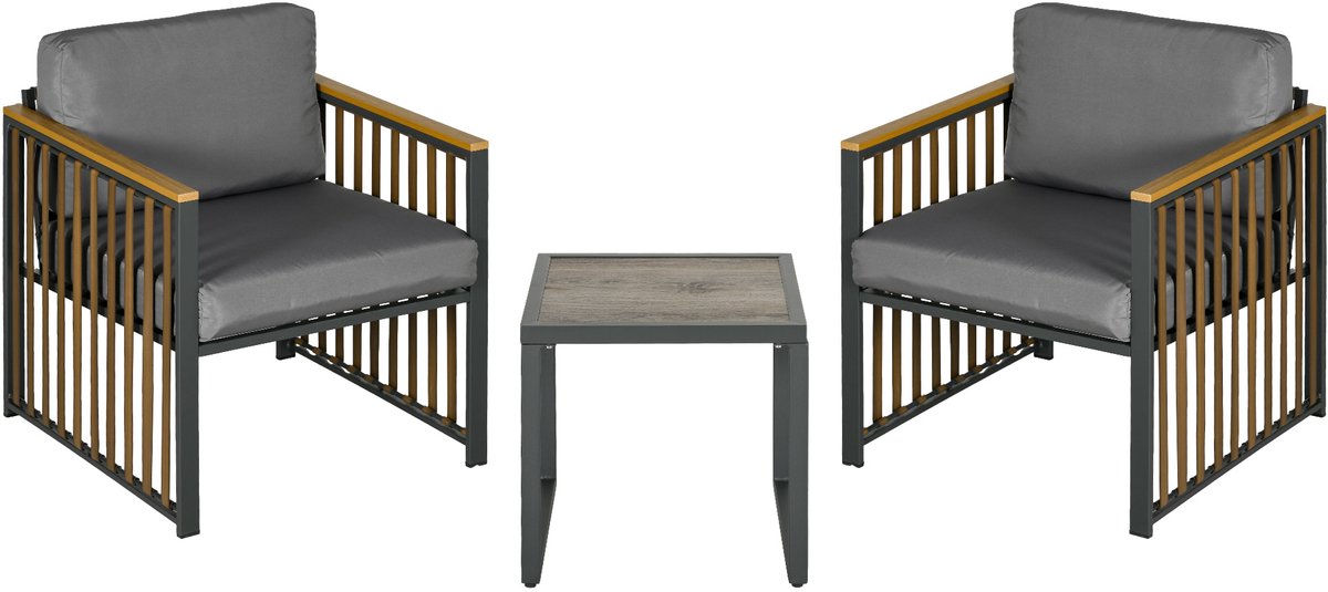Tuinset, 3-delig, Inclusief Zitkussens, Houten Decoratie, Roestvrij Metalen Frame, Grijs