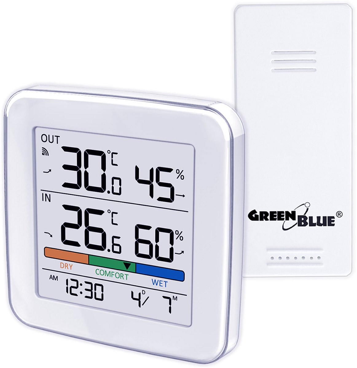 GreenBlue GB169 - Draadloze weerstation met klok + alarm + datum - keuze uit °C / °F - bereik tot 60 m - Wit