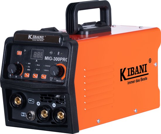 Oranje Kibani MIG-300PRO lasapparaat met draaggreep en bedieningspaneel.
