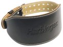 Zwarte Harbinger leren gewichthefband met stiksels en logo.