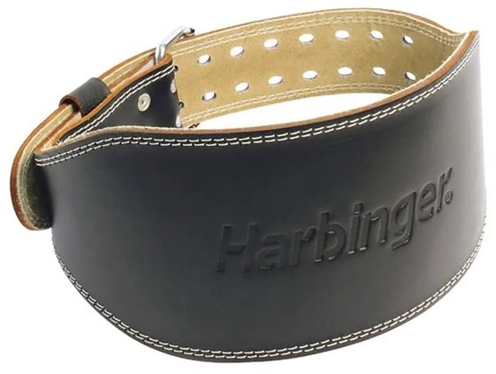 Zwarte Harbinger leren gewichthefband met stiksels en logo.