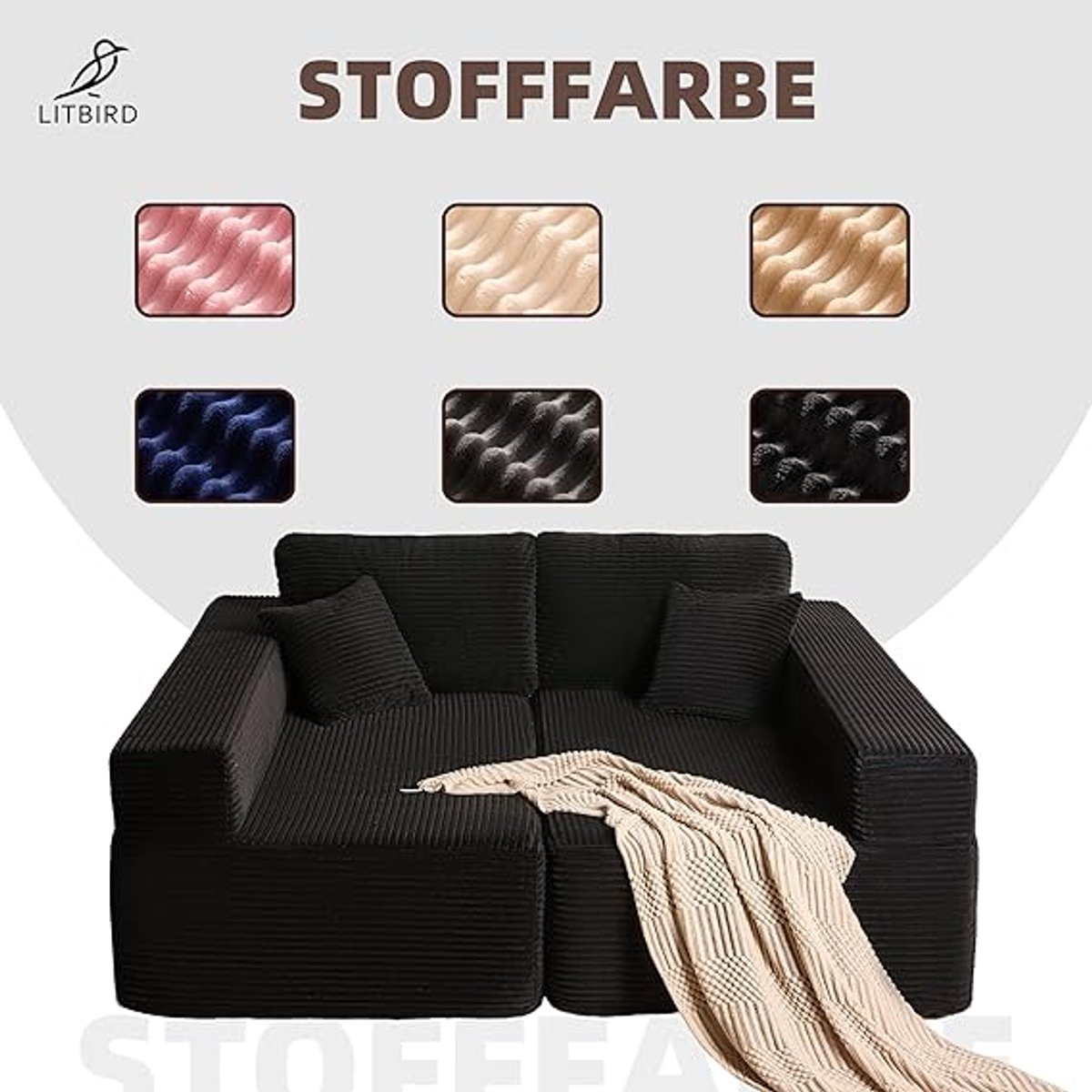 Modulaire L-vormige hoekbank met slaapfunctie 175x272x61 cm - Frameloze slaapbank met symmetrische dubbele zitting, extra diep zitvlak, montagevrij, corduroy stof, zwart - Pauwhome