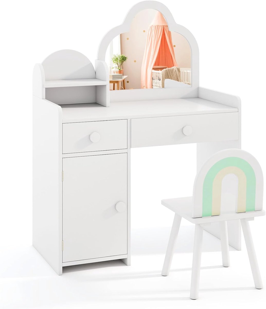 KOMFOTTEU 2-in-1 make-uptafel met spiegel, kaptafel met afneembare plaat, stoel, laden, kast en kantelbeveiliging, make-uptafel voor meisjes van 3 tot 7 jaar, wit
