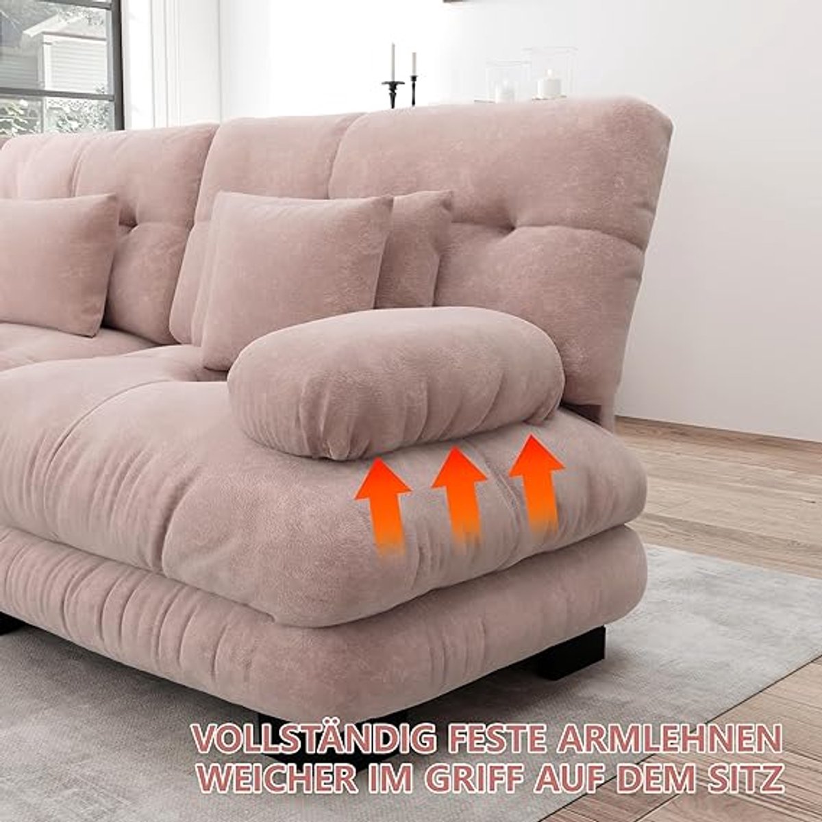 Modulaire Cloud Hoekbank 4-Zits Chenille – Diepe Zitting, Extra Brede Armleuningen, Inclusief Lenden- & Sierkussens, Zonder Montage – 406 x 81 x 77 cm – Roze – Pauwhome