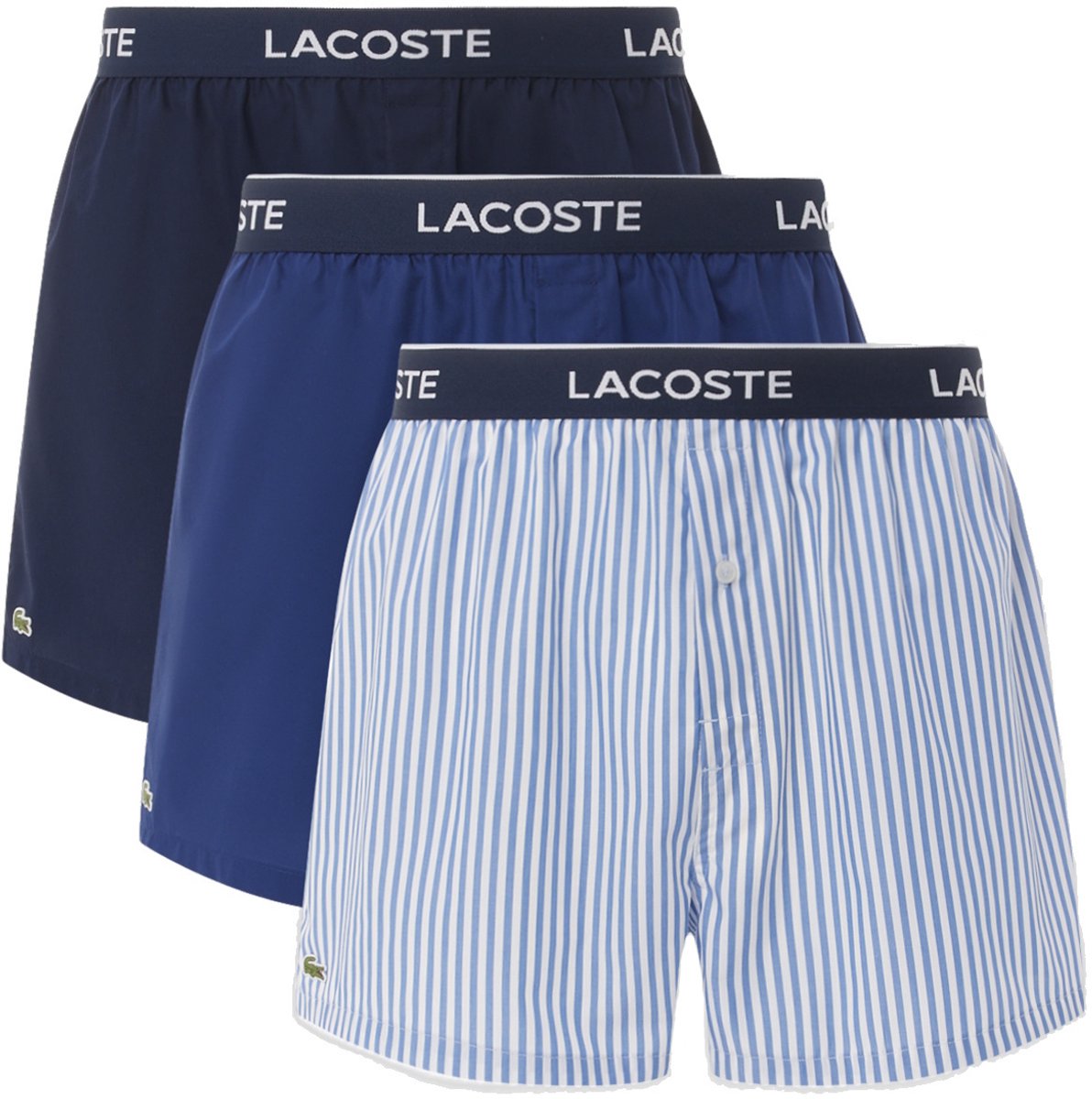 Lacoste Heren Wijde Boxershorts Katoen Gestreept/Effen 3-Pack Blauw/Navy Blauw - Maat XL