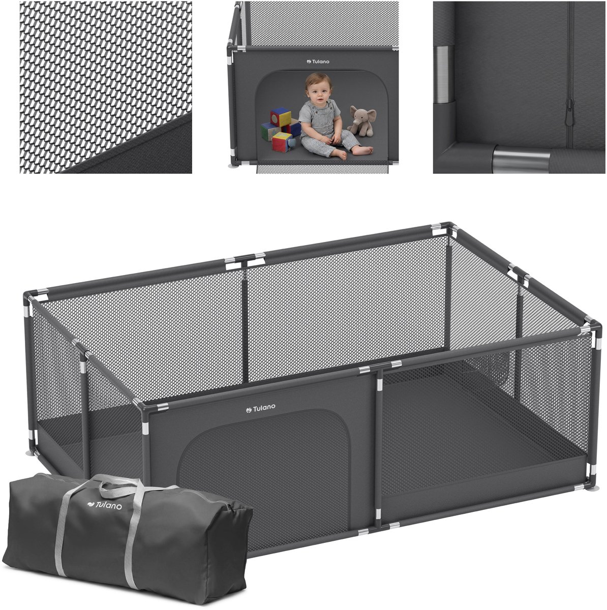 Tulano Cozy 22 - Grondbox / Baby box / Kinderbox 120×180 cm - Voor Binnen - Ademend Gaas - EN71 Gecertificeerd - Grafiet