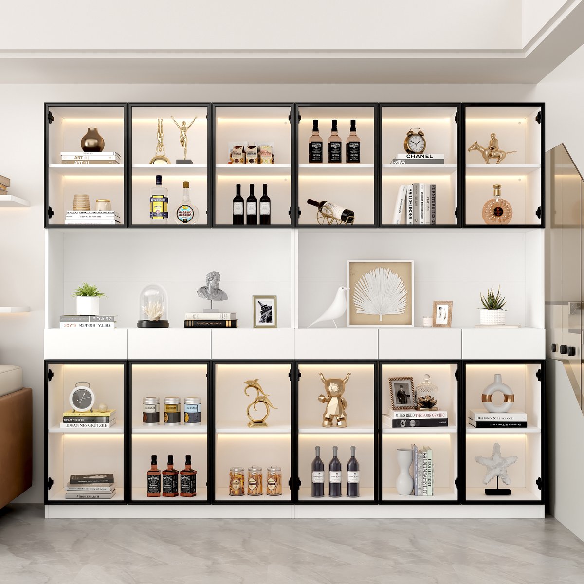 STILVORA Vitrinekast - Extra Hoge Glaskast Met Led En Werkblad - Opbergen En Etaleren Voor Woonkamer Kantoor - Wit - 240x30x200 Cm