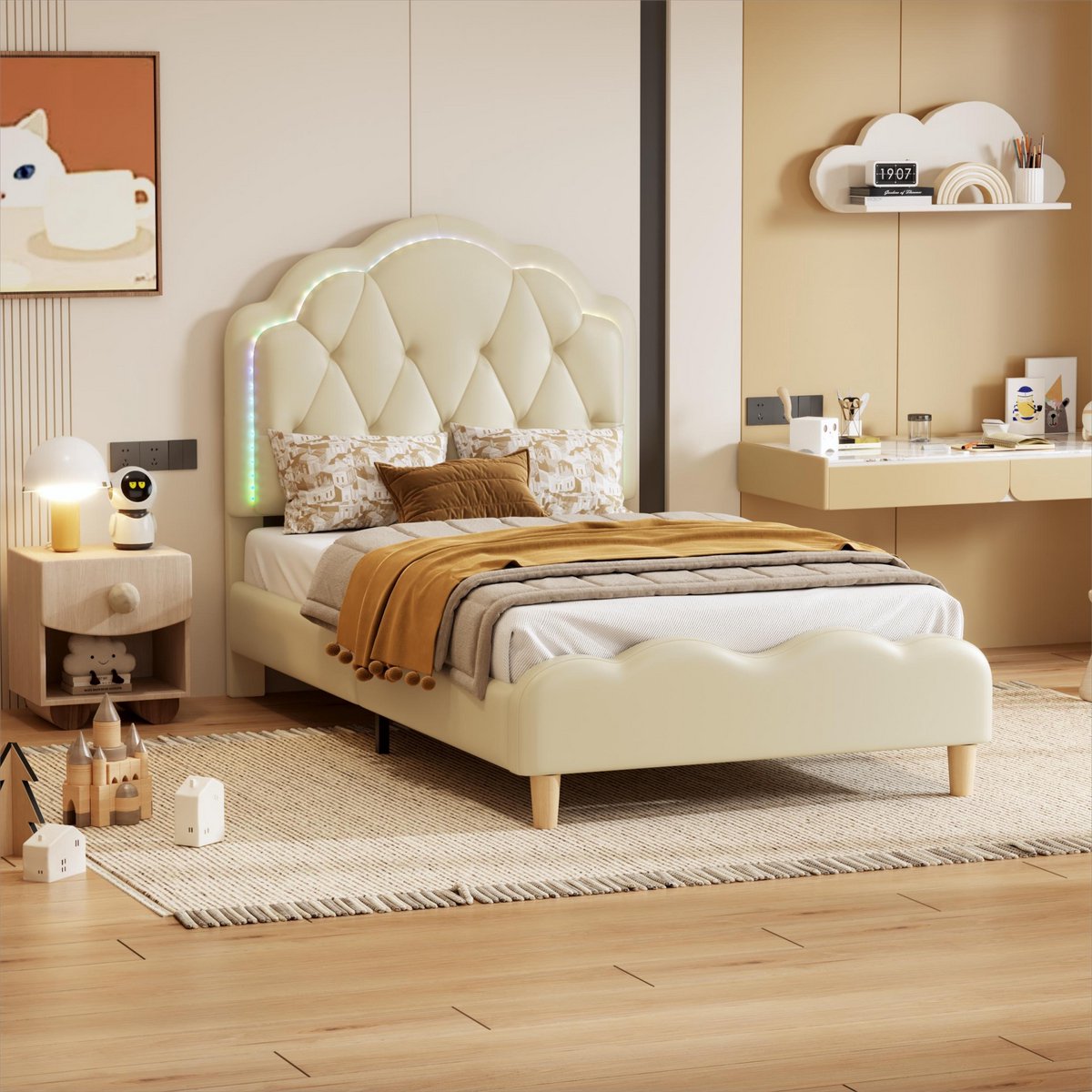 OKWISH Gestoffeerd Bed 90x200 Cm – Led Lichtstrip Met Wisselende Kleuren – Lattenbodem – Met Golvend Hoofdbord – Zonder Matras – Pu – Beige Wit