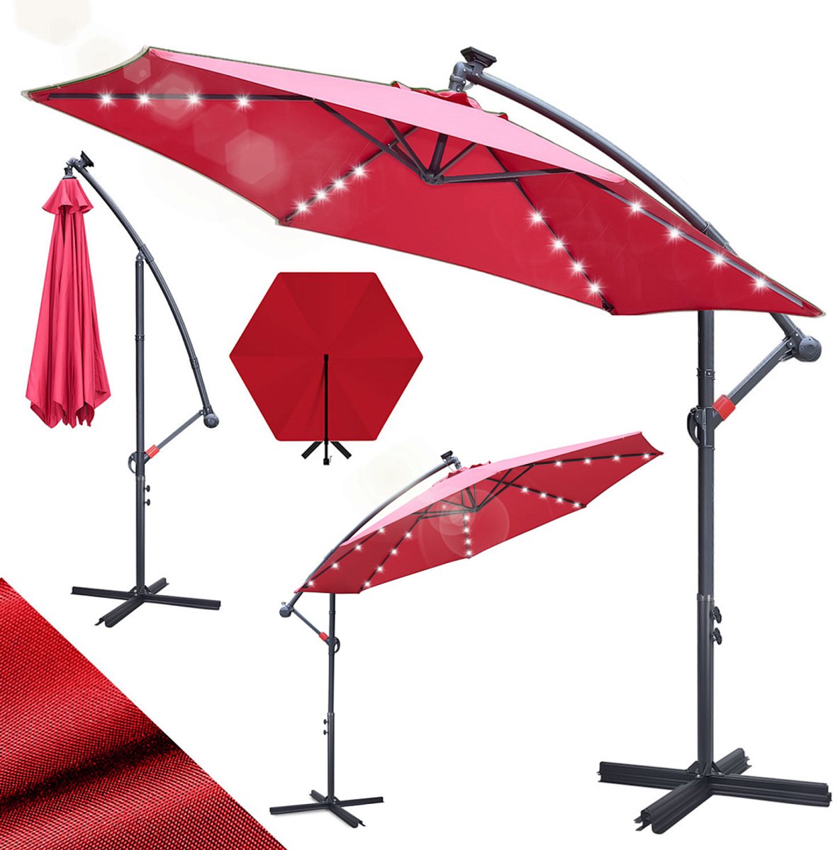 Zweefparasols - 350CM - Solar LED Verlichting 32x Wit - UV 50+ bescherming (blokkeert 98% UV) - Multi-angle Kantelbaar & Draaibaar - Windbestendig frame 8 Ribben - Incl. Kruisvoet - Waterafstotend doek Rood
