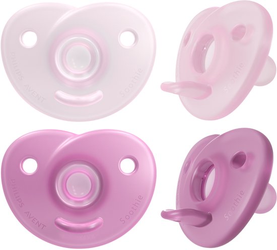 Deux sucettes Philips Avent Soothie roses, une rose pâle et une rose, chacune avec un design orthodontique.