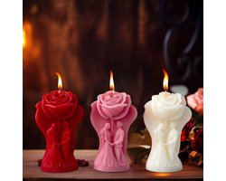 Drie geurkaarsen voor Valentijnsdag, hartvormig, rood, roze en wit, 3D roos en kaars in de vorm van een stel, geschikt voor Valentijnsdag, jubilea en bruiloften, sojawaskaarsen, handzame hartvormige, romantische kaarsen, 9 cm (roos).