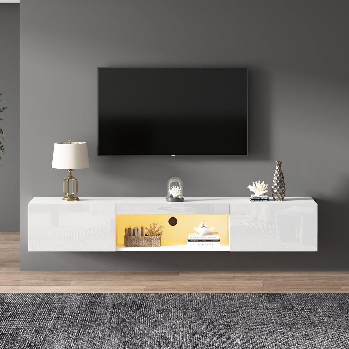 Clruro TV-meubel - 160x31x22 cm - Zwevende Hangkast met LED - Bluetooth en App-bediening - Hoogglans - Wit