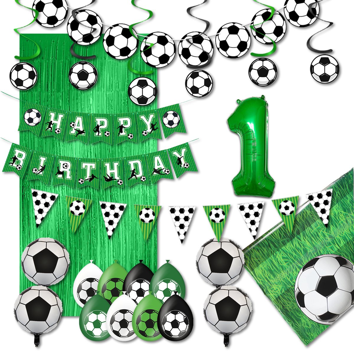 LUQ – Verjaardag 1 Jaar Voetbal Set – Groen-Zwart-Wit – Kinderfeest Football Decoratie – Birthday Versiering Pakket
