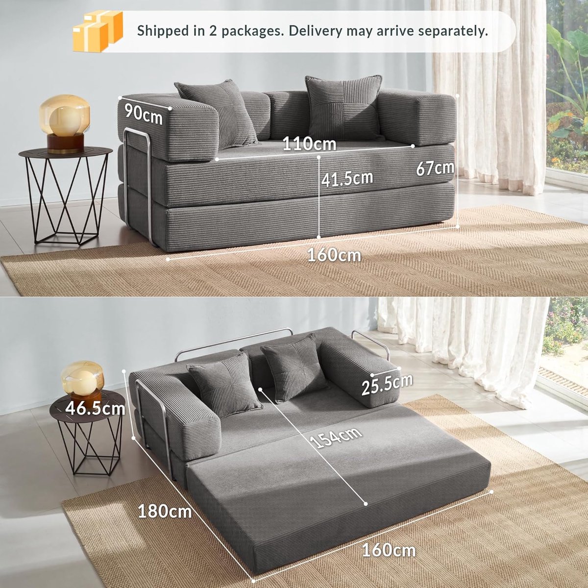 Slaapbank 160 cm – Opvouwbare 2-Zits Bankbed & Tweepersoons Logeerbed – Modulaire Vloerbank van Corduroy met Metalen Frame – Inklapbaar, Antislip & Wasbaar – grijs – Pauwhome