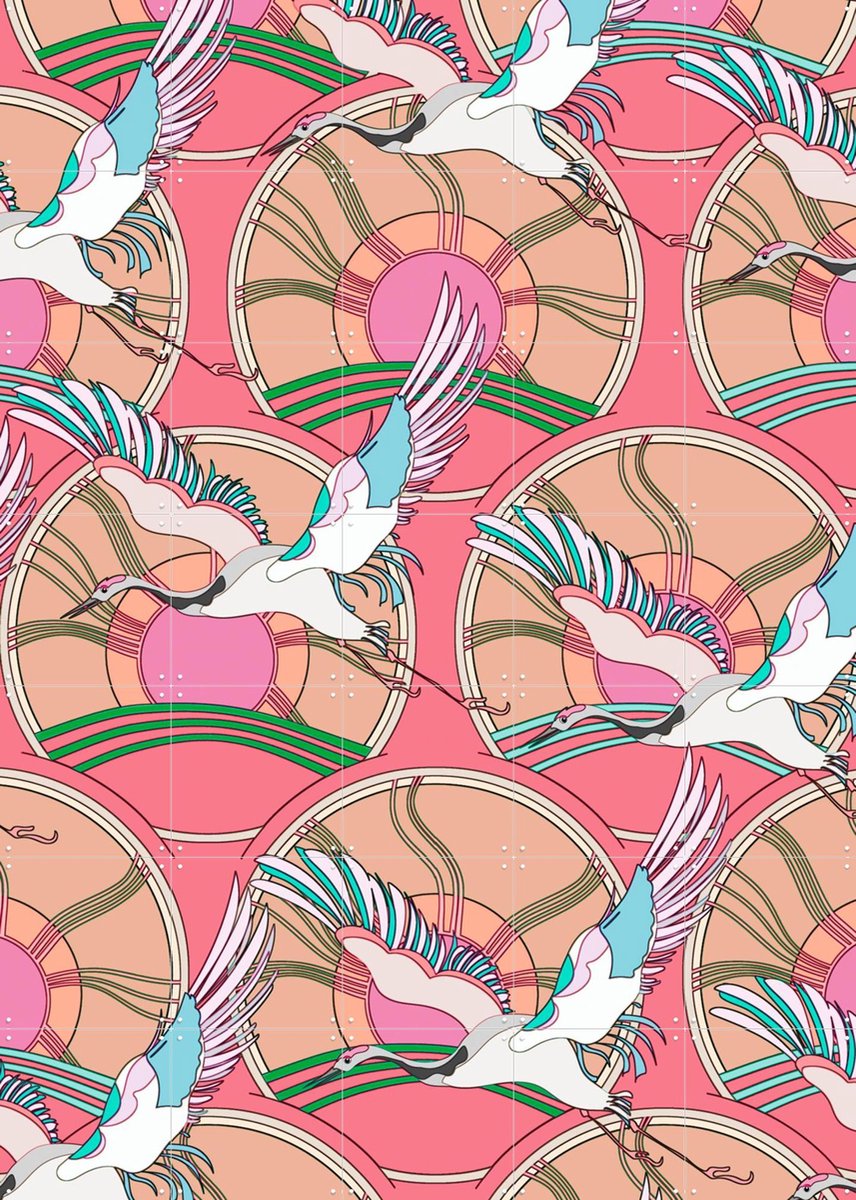 IXXI Crane Bird Pattern Pink, Marylène Madou - 100 x 140 cm - Gratis ophangtool - Grote wanddecoratie en posters - Speels, Art Nouveau, Illustraties