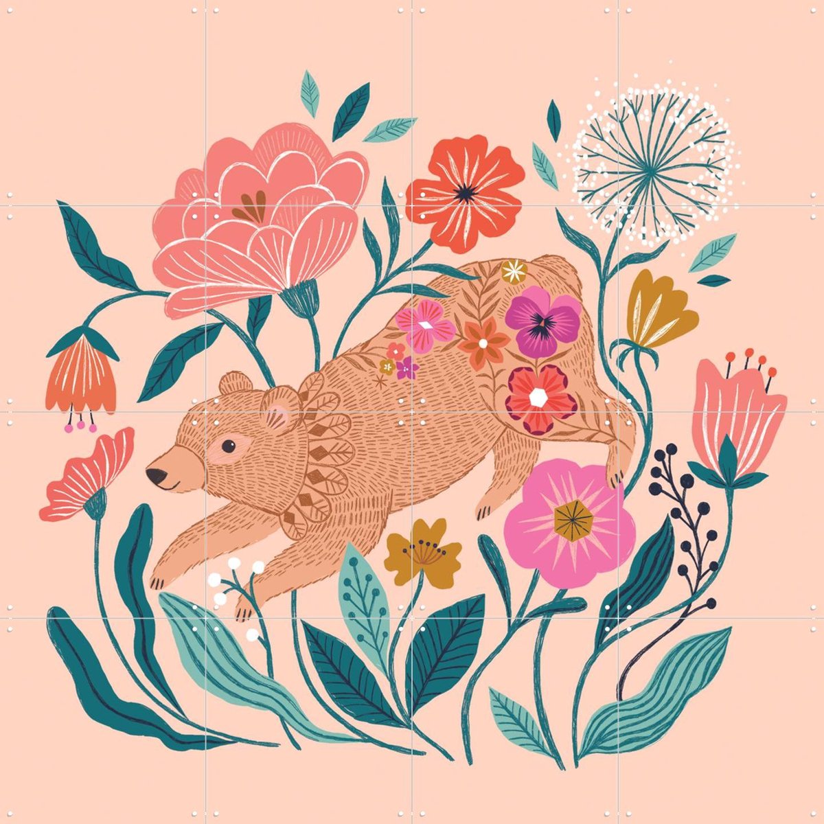 IXXI Flower Bear, Bethan Janine - 80 x 80 cm - Gratis ophangtool - Grote wanddecoratie en posters - Illustraties, Fantasierijk, Kleurrijk, Speels
