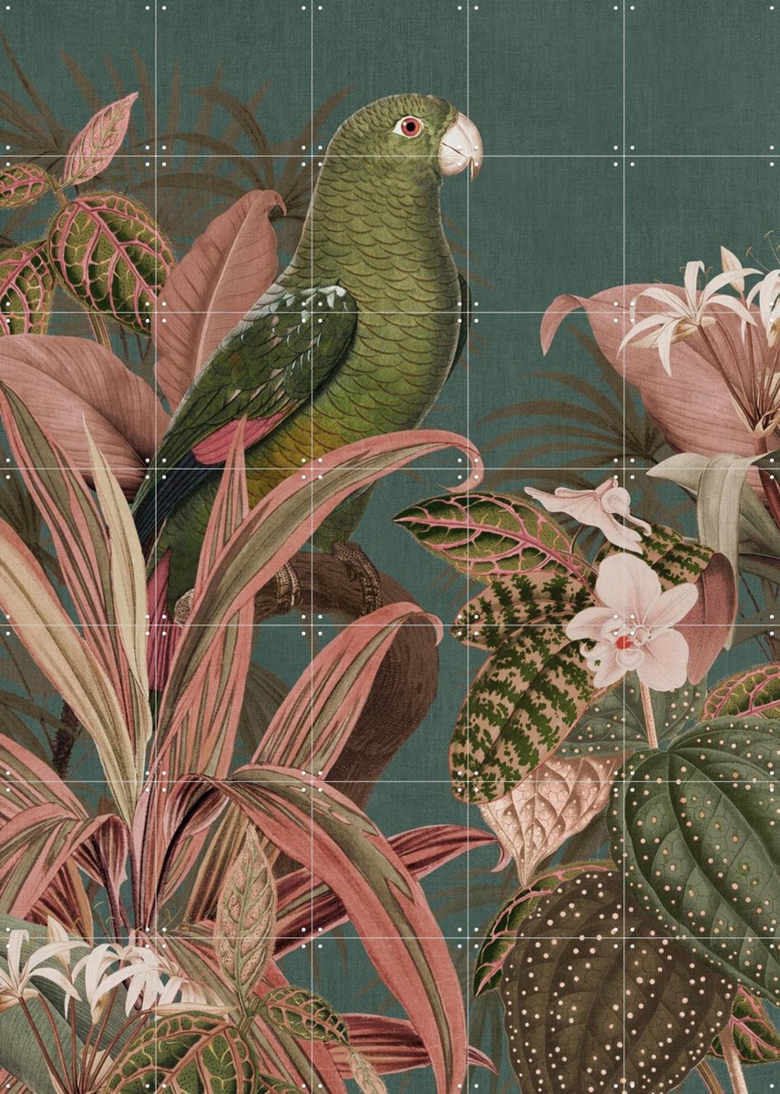 IXXI Green Parrot and Pink Jungle, Bloomery Decor - 100 x 140 cm - Gratis ophangtool - Grote wanddecoratie en posters - Illustraties, Naturalisme