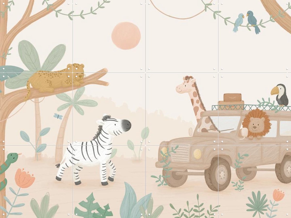 IXXI Jeep Safari, Love by Lily - 80 x 60 cm - Gratis ophangtool - Grote wanddecoratie en posters - Cartoonesk, Illustraties, Speels, Digitale Kunst