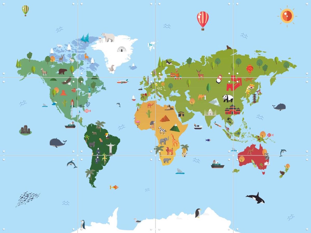IXXI World Map Kids, Kunst in Kaart - 80 x 60 cm - Gratis ophangtool - Grote wanddecoratie en posters - Speels, Kleurrijk, Digitale Kunst, Grafisch