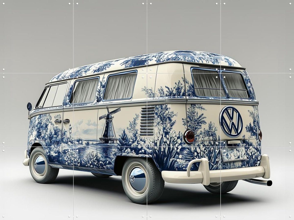 IXXI Delfts Blauwe VW Bus, Margriet Hulsker - 80 x 60 cm - Gratis ophangtool - Grote wanddecoratie en posters - Illustraties, Vintage, Studeerkamer