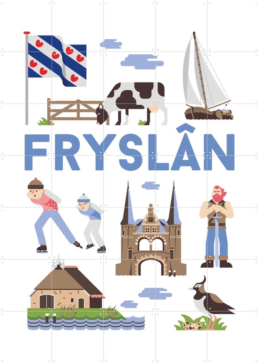 IXXI Fryslân, Jochem Coenen & Kunst in Kaart - 100 x 140 cm - Gratis ophangtool - Grote wanddecoratie en posters - Speels, Grafisch Ontwerp