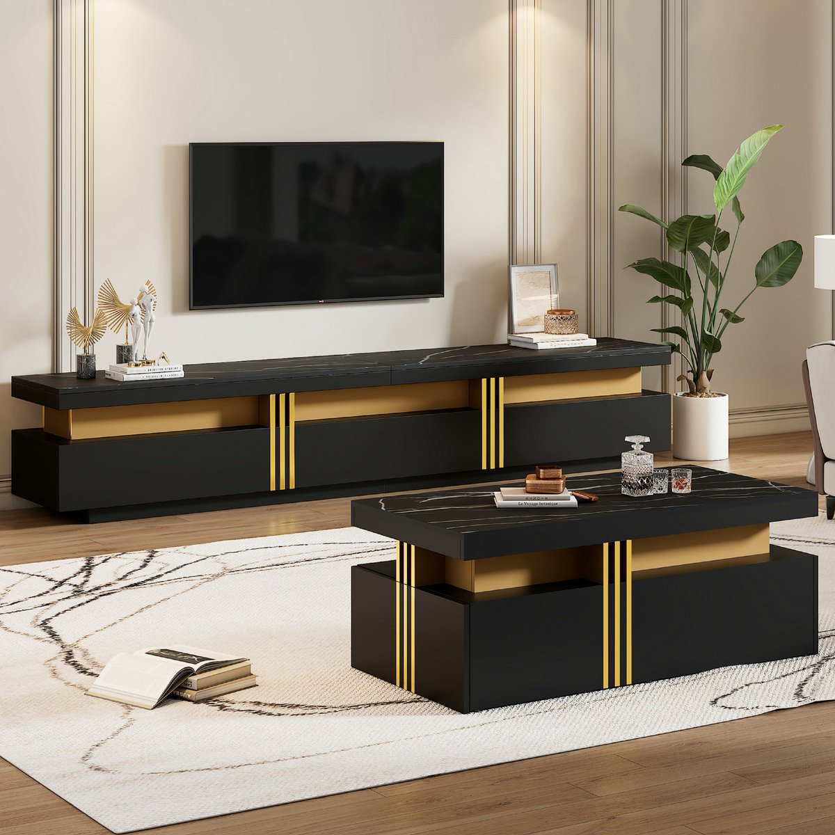VVBV Luxe Woonkamer Meubel Set – TV Meubel 200×40×42 cm + Salontafel 100×50×40 cm – TV Kast & Coffee Tafel, Stevig, Modern Design, Stijlvol Hoge Kwaliteit, Veel Opbergruimte – Zwart