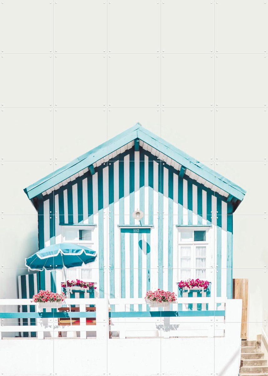 IXXI Blue Striped Houses, Ingrid Beddoes - 100 x 140 cm - Gratis ophangtool - Grote wanddecoratie en posters - Minimalisme, Strepen, Kleurrijk
