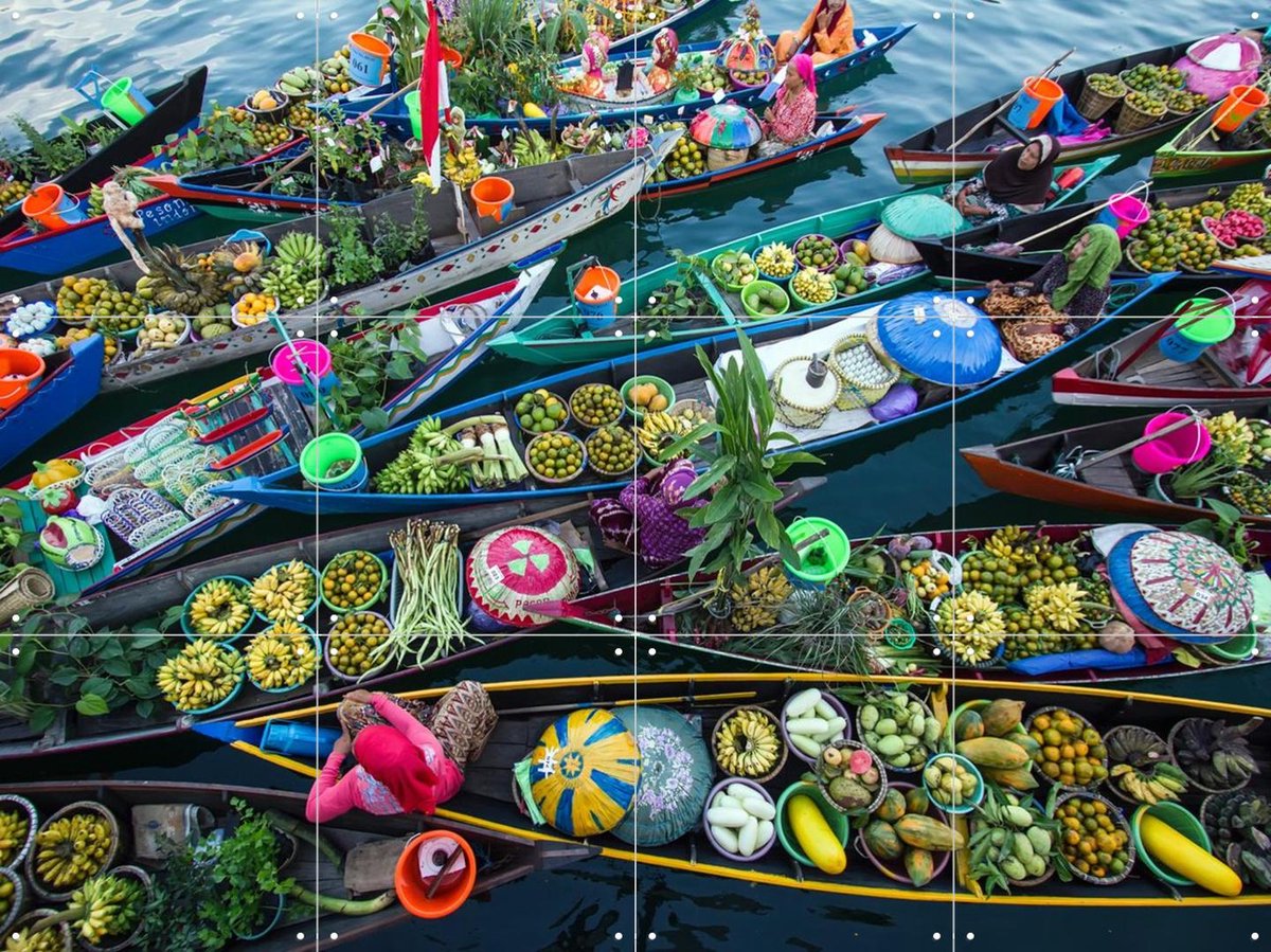 IXXI Pasar Terapung, Various - 80 x 60 cm - Gratis ophangtool - Grote wanddecoratie en posters - Kleurrijk, Fotografie, Keuken, Woonkamer, Eetkamer