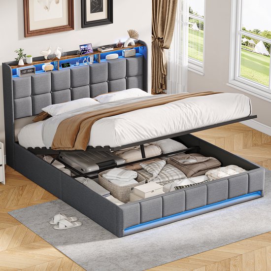 Opbergbed 160x200 cm met LED & USB – Tweepersoonsbed met Opberg Hoofdeinde & Lattenbodem, voor Tieners en Volwassenen, Grijs Linnen (Zonder Matras)