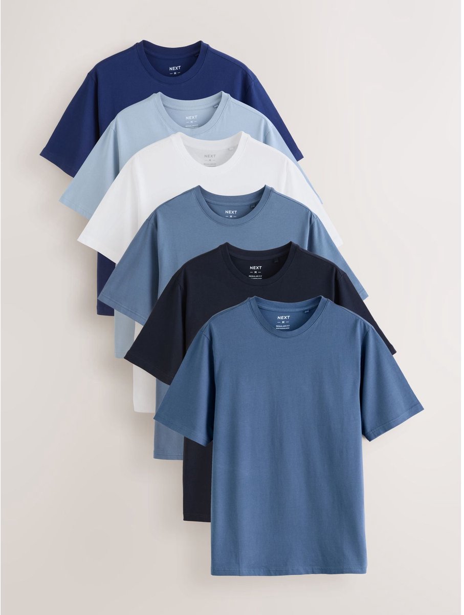 Next - Heren - Set van 6 basic T-shirts van katoen met standaard pasvorm - Blauw