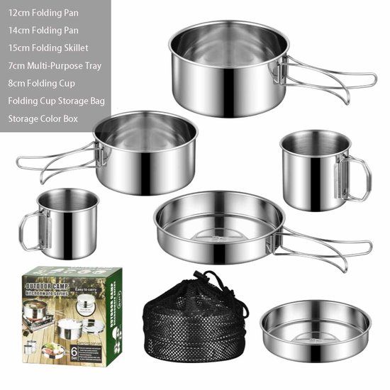 Opvouwbare campingpannen set (6-delig)- Camping Kookset 2-3 Personen - RVS 304 - Opvouwbaar & Lichtgewicht - Inclusief Pannen, Koekenpan, Bekers & Opbergtas van Merkloos — afbeelding 4