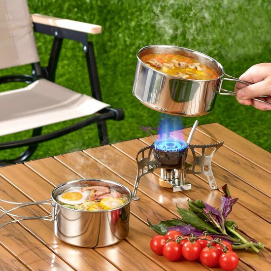 Opvouwbare campingpannen set (6-delig)- Camping Kookset 2-3 Personen - RVS 304 - Opvouwbaar & Lichtgewicht - Inclusief Pannen, Koekenpan, Bekers & Opbergtas van Merkloos — afbeelding 2