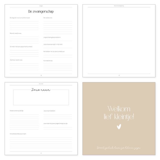 Invulboek met de titels 'De zwangerschap', 'Jouw naam', 'Welkom lief kleintje!'.