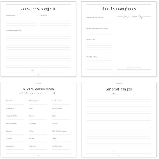 Pagina's uit een babyboek met secties zoals 'Jouw eerste dagje uit', 'Naar de opvang/oppas' en 'Al jouw eerste keren'.