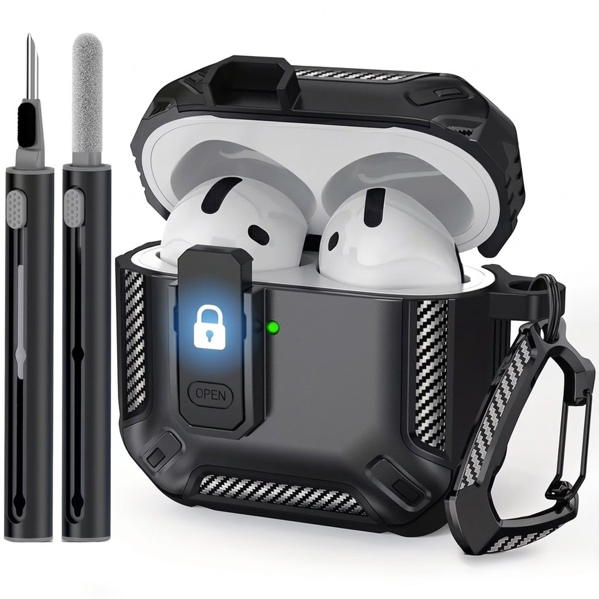 Zwart robuust hoesje voor oordopjes met carbon look geschikt voor AirPods 4 inclusief schoonmaakset en karabijnhaak – schokbestendig en duurzaam