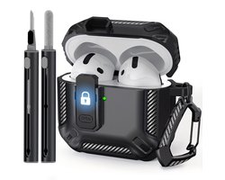 Zwart robuust hoesje voor oordopjes met carbon look geschikt voor AirPods 4 inclusief schoonmaakset en karabijnhaak – schokbestendig en duurzaam