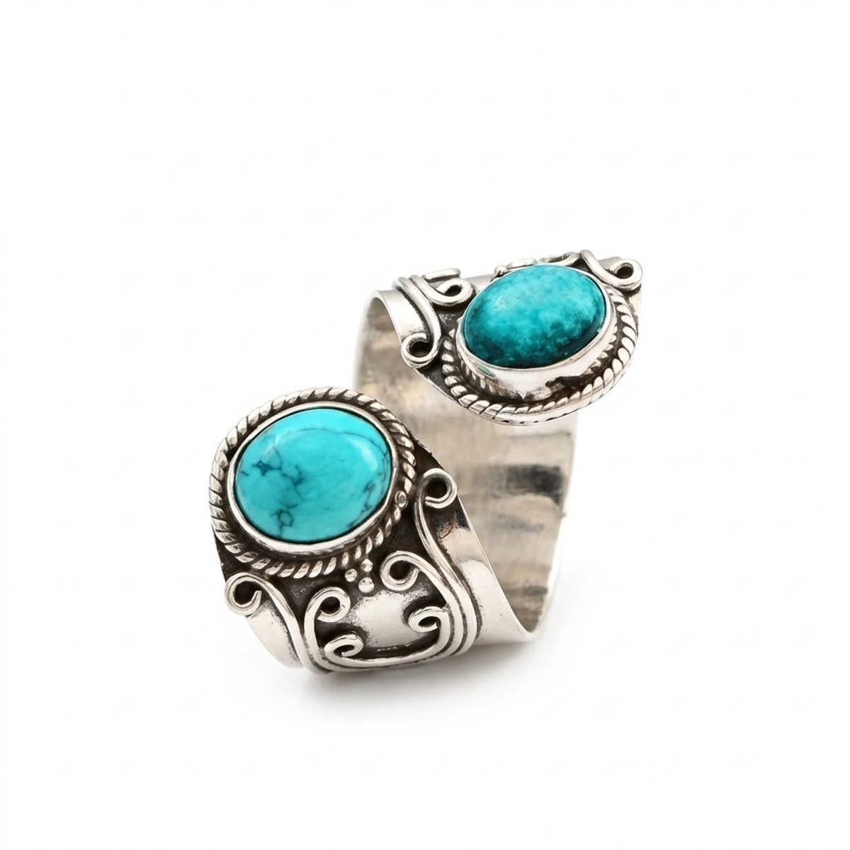 Zilverkleurige boho ring met turquoise kleur stenen voor dames – open ring met twee ronde stenen, vintage stijl ontwerp, verstelbare unisex ring met decoratief reliëf