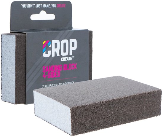 CROP schuurblok 4-zijdig, korrel 220, met verpakking. Schuurbok is grijs met witte zijkant.