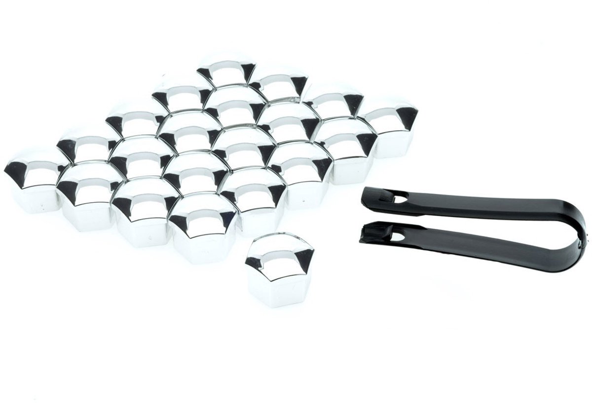 Carsafety 17Mm Chromen Schroefdeksels Voor Auto's, Set Van 20 Stuks En Schroeftrekker