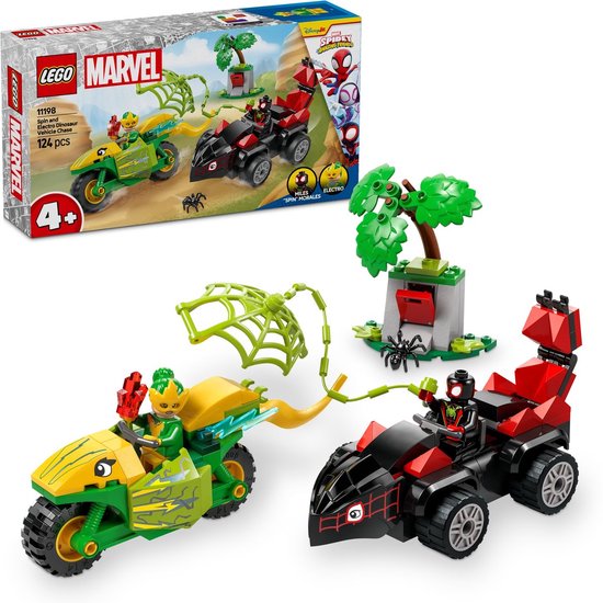 LEGO Marvel Spidey-set met een groene motor, een rode racewagen en minifiguren.