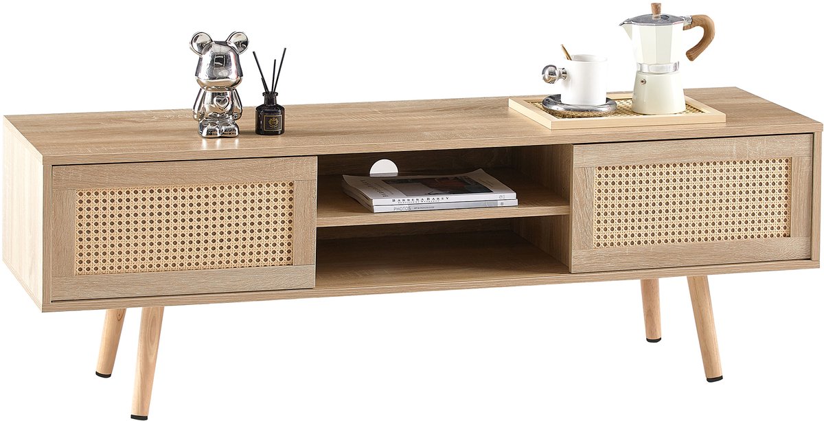 Wishdor Tv meubel - Rattan schuifdeuren verstelbare planken - Scandinavisch naturel - Woonkamer kantoor - MDF houtlook - Natural Wood - 140 x 46,5 x 40 cm