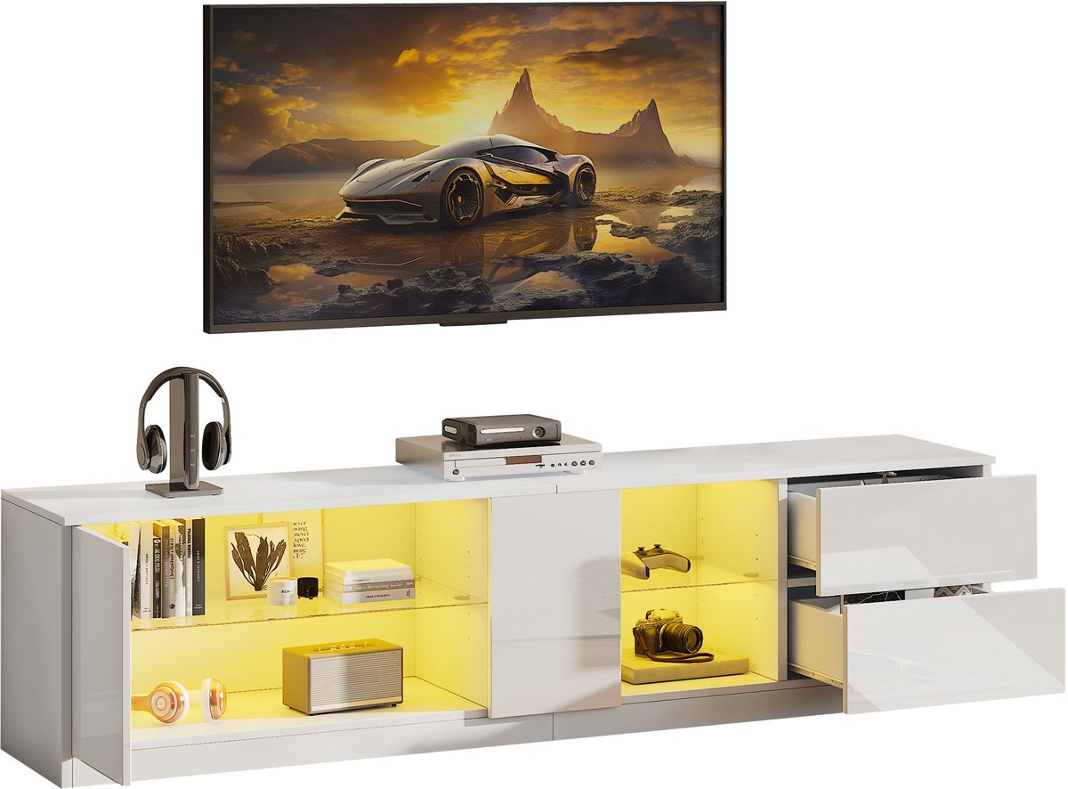 Wishdor - Tv-Meubel - Ledverlichting - Modern - Woonkamer - MDF - Wit - 160 X 40 X 52 Cm