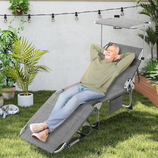 Opvouwbare Zonligstoel - Met Zonnedak - Verstelbare Rugleuning - Ergonomisch - Tuinligstoel - Metalen Frame - Oxford Stof - Draagbaar - Ligstoel - Voor Camping, Strand, Balkon En Kantoor - Grijs - NAIZY — afbeelding 5